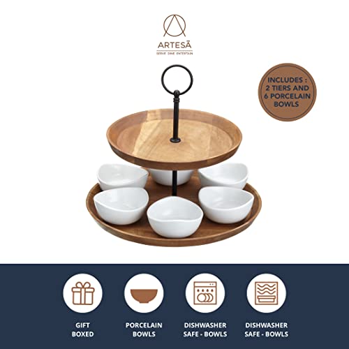 Artesà 2 Tier Tapas and Food Serving Stand, Food Display with 6 Mini Porcelain Bowls, Wooden and Hand Finished Cake Stand in Gift Box, 24 x 25cm, Brown & Black