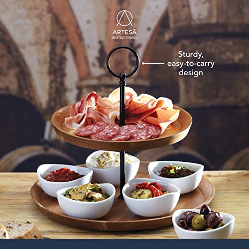 Artesà 2 Tier Tapas and Food Serving Stand, Food Display with 6 Mini Porcelain Bowls, Wooden and Hand Finished Cake Stand in Gift Box, 24 x 25cm, Brown & Black