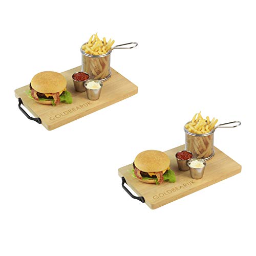 GOLDBEARUK Luxury Burger set - Wooden serving boards + Stainless Steel Chip Fry basket + Stainless Steel Silver Ramekins (2 Person)