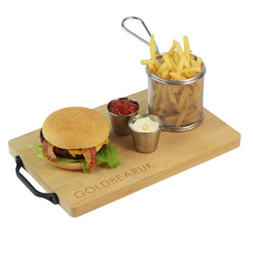 GOLDBEARUK Luxury Burger set - Wooden serving boards + Stainless Steel Chip Fry basket + Stainless Steel Silver Ramekins (2 Person)
