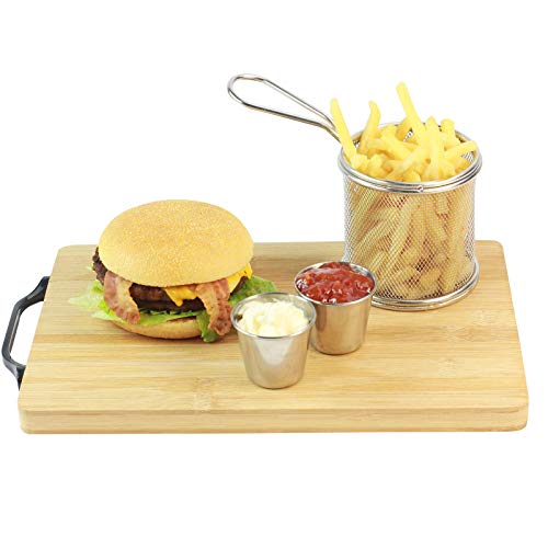GOLDBEARUK Luxury Burger set - Wooden serving boards + Stainless Steel Chip Fry basket + Stainless Steel Silver Ramekins (2 Person)