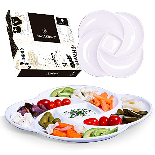 Reusable White Serving Platters Tray for Partys. Unbreakable Melamine. Appetizer Sectioned Platter. Vegetables, Fruits, Foods, Snack with compartments. Chip and Dip Serving Dish (Melamine x2)