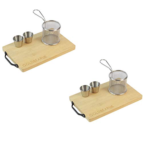 GOLDBEARUK Luxury Burger set - Wooden serving boards + Stainless Steel Chip Fry basket + Stainless Steel Silver Ramekins (2 Person)