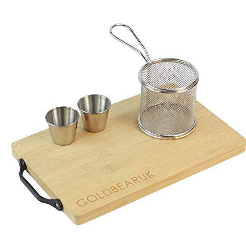 GOLDBEARUK Luxury Burger set - Wooden serving boards + Stainless Steel Chip Fry basket + Stainless Steel Silver Ramekins (2 Person)