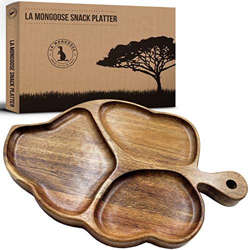 La Mongoose Acacia Wood Leaf Shape Serving Platter 14 x 9 (36 x 23 cm) Grooves & Handle. Luxury Snack Paddle Large XL Reversible Tray for Dinner Parties Chips Dips Crudités Cheese Charcuterie Gift