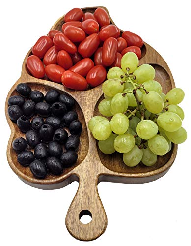 La Mongoose Acacia Wood Leaf Shape Serving Platter 14 x 9 (36 x 23 cm) Grooves & Handle. Luxury Snack Paddle Large XL Reversible Tray for Dinner Parties Chips Dips Crudités Cheese Charcuterie Gift