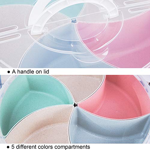 rismart Divided Serving Tray Platter with Lid Handle Storage Container 5 Plastic Compartment Box Clear Organizer for Candy, Fruits, Nuts, Snacks