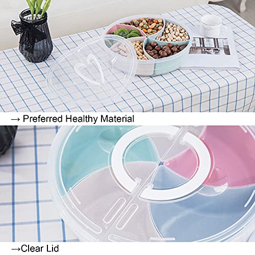 rismart Divided Serving Tray Platter with Lid Handle Storage Container 5 Plastic Compartment Box Clear Organizer for Candy, Fruits, Nuts, Snacks