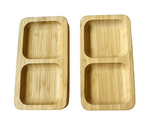 Natural Bamboo Wooden Small Serving Platters Dual Square Snack Tray Set (Set of 2) - Sauce Dishes Set - Party Food Platter Plates for Nibbles Tapas Cheese Sushi Dips Sauce Bowl Side Plates