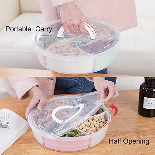 rismart Divided Serving Tray Platter with Lid Handle Storage Container 5 Plastic Compartment Box Clear Organizer for Candy, Fruits, Nuts, Snacks
