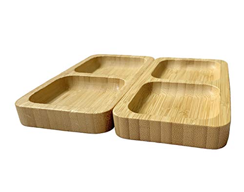 Natural Bamboo Wooden Small Serving Platters Dual Square Snack Tray Set (Set of 2) - Sauce Dishes Set - Party Food Platter Plates for Nibbles Tapas Cheese Sushi Dips Sauce Bowl Side Plates