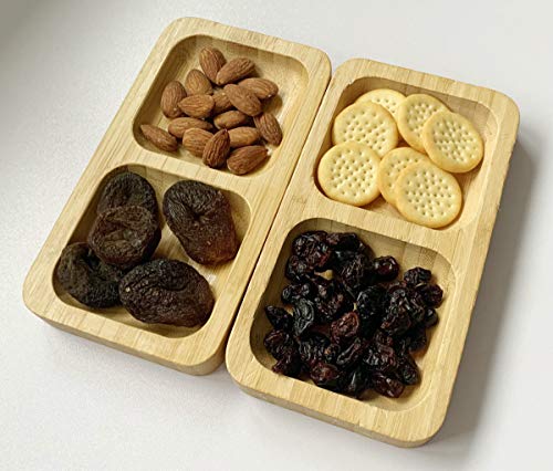 Natural Bamboo Wooden Small Serving Platters Dual Square Snack Tray Set (Set of 2) - Sauce Dishes Set - Party Food Platter Plates for Nibbles Tapas Cheese Sushi Dips Sauce Bowl Side Plates