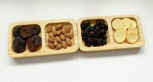 Natural Bamboo Wooden Small Serving Platters Dual Square Snack Tray Set (Set of 2) - Sauce Dishes Set - Party Food Platter Plates for Nibbles Tapas Cheese Sushi Dips Sauce Bowl Side Plates