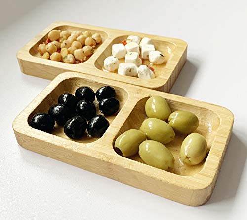 Natural Bamboo Wooden Small Serving Platters Dual Square Snack Tray Set (Set of 2) - Sauce Dishes Set - Party Food Platter Plates for Nibbles Tapas Cheese Sushi Dips Sauce Bowl Side Plates