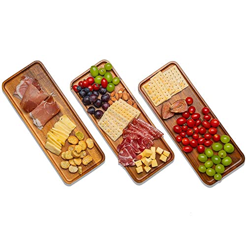 Wooden Serving Platter Tray Set of 3 14.17x5.5in, Acacia Wood Serving Tray Boards Dessert Platter for Housewarming Serving Food Entertaining Party Kitchen Counter