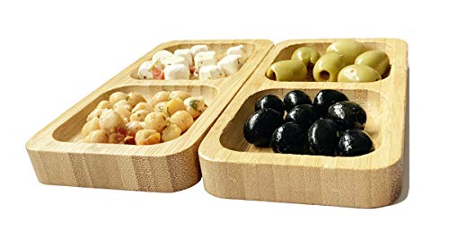 Natural Bamboo Wooden Small Serving Platters Dual Square Snack Tray Set (Set of 2) - Sauce Dishes Set - Party Food Platter Plates for Nibbles Tapas Cheese Sushi Dips Sauce Bowl Side Plates