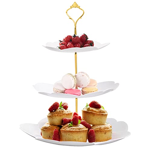3 Tier Cake Stand Plastic Cupcake Stand Afternoon Tea Cake Stands Tiered Sandwich Stand Sweet Dessert Food Display Serving Tray Platters for Birthday Baby Shower Wedding Christmas Tea Party (White)