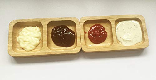 Natural Bamboo Wooden Small Serving Platters Dual Square Snack Tray Set (Set of 2) - Sauce Dishes Set - Party Food Platter Plates for Nibbles Tapas Cheese Sushi Dips Sauce Bowl Side Plates