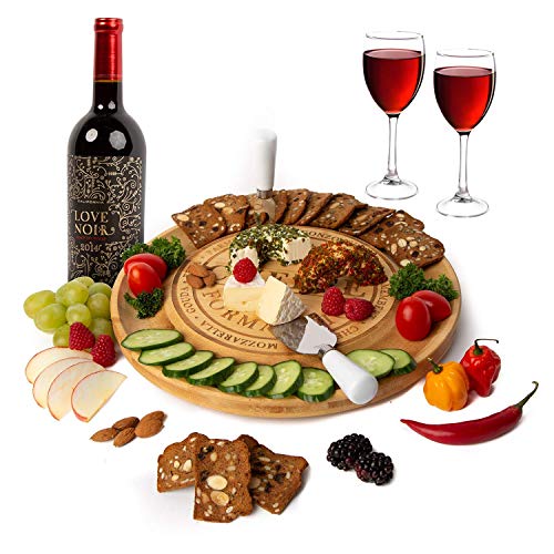 Unique Bamboo Cheese Board, Charcuterie Platter & Serving Tray for Wine, Crackers, Brie and Meat. Large & Thick Wooden Server - Fancy House Warming Gift & Perfect Choice for Gourmets