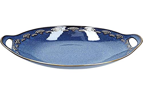 Mikasa Satori Serving Dish with Inner Wave Pattern and Gold Rim, Ceramic, Indigo Blue/White, 28 x 25 cm