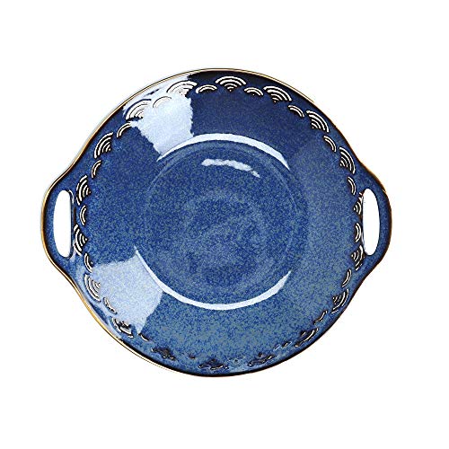 Mikasa Satori Serving Dish with Inner Wave Pattern and Gold Rim, Ceramic, Indigo Blue/White, 28 x 25 cm