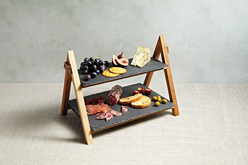 Artesa Tableware, Tiered Slate Serving Platter with Acacia Wood frame, 40 x 30 x 25cm, with Gift Box