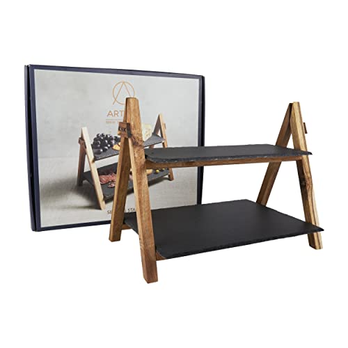 Artesa Tableware, Tiered Slate Serving Platter with Acacia Wood frame, 40 x 30 x 25cm, with Gift Box