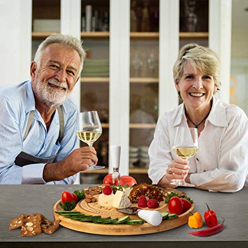 Unique Bamboo Cheese Board, Charcuterie Platter & Serving Tray for Wine, Crackers, Brie and Meat. Large & Thick Wooden Server - Fancy House Warming Gift & Perfect Choice for Gourmets