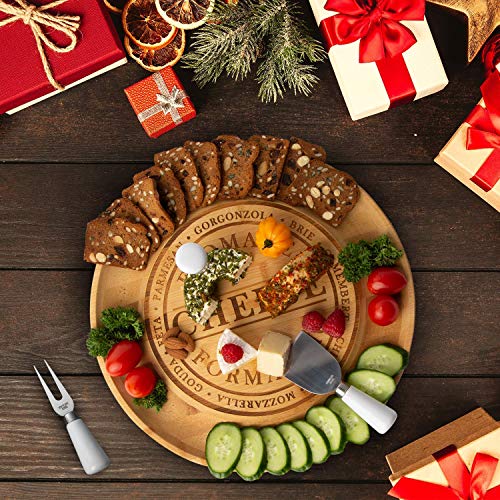 Unique Bamboo Cheese Board, Charcuterie Platter & Serving Tray for Wine, Crackers, Brie and Meat. Large & Thick Wooden Server - Fancy House Warming Gift & Perfect Choice for Gourmets