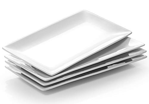 DOWAN 12" Rectangle Serving Platter, White Rectangular Serving Plates, Christmas Platters for Serving Food, Serving Dishes for Dessert Appetizers Meat, Entertaining, Party, Set of 4