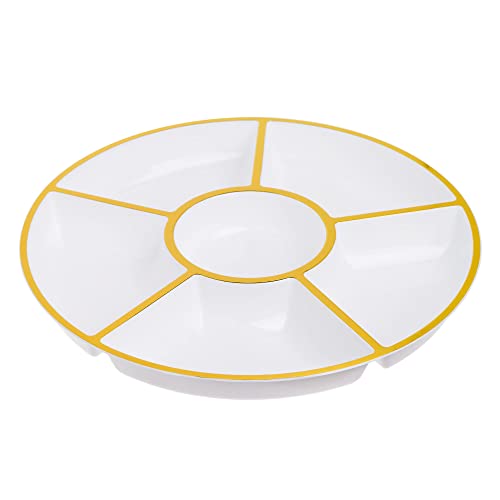 STACKABLES ~ 4 Pack 12'' White 6 Compartment Tray Platters with Gold Rim ~ Plastic Sectional Trays ~ Reusable Multi-Use Serving Platters ~ Appetizer Platter for Parties