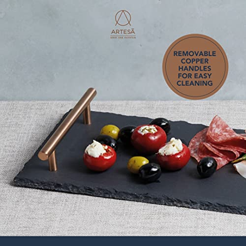 Artesà Slate Serving Platter Tray with Copper Finish Handles, perfect for Grazing and Buffets, 60 x 15 cm, Black