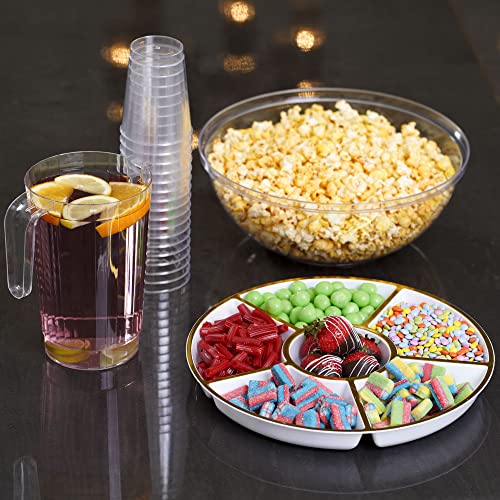 STACKABLES ~ 4 Pack 12'' White 6 Compartment Tray Platters with Gold Rim ~ Plastic Sectional Trays ~ Reusable Multi-Use Serving Platters ~ Appetizer Platter for Parties