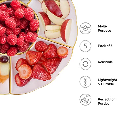 MATANA - 5 Pack Multi-use Plastic Compartment Trays with 6 Sections for Party Snacks Fruit Nibbles Serving Food Platters - 12" (30cm) Plates