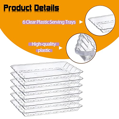 Gikisla Plastic Serving Platters Set of 6, Large Clear Plastic Serving Trays, Rectangle Reusable Platter Perfect for Christmas Parties Food Wedding Buffet