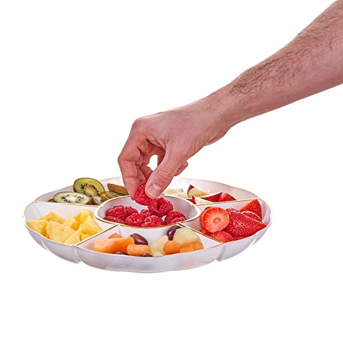 MATANA - 5 Pack Multi-use Plastic Compartment Trays with 6 Sections for Party Snacks Fruit Nibbles Serving Food Platters - 12" (30cm) Plates