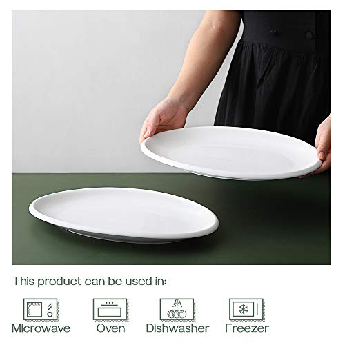 DOWAN 14" Large Serving Platters, Oval Serving Plates, White Porcelain Platters Oven Safe, Dinner Plates Serving Dishes for Entertaining, Party, Meat, Appetizers, Dessert, Set of 2, White