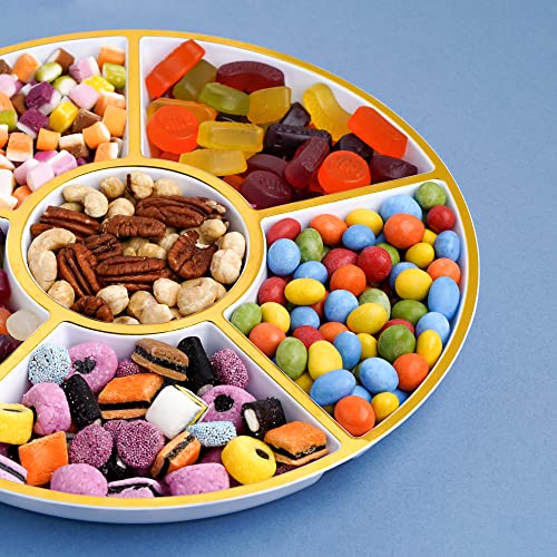 STACKABLES ~ 4 Pack 12'' White 6 Compartment Tray Platters with Gold Rim ~ Plastic Sectional Trays ~ Reusable Multi-Use Serving Platters ~ Appetizer Platter for Parties