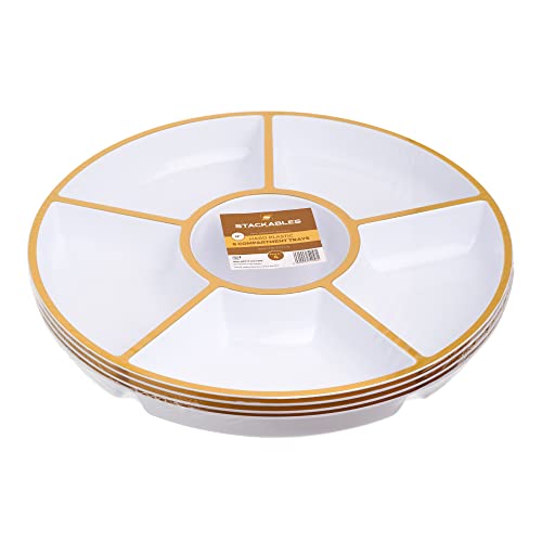 STACKABLES ~ 4 Pack 12'' White 6 Compartment Tray Platters with Gold Rim ~ Plastic Sectional Trays ~ Reusable Multi-Use Serving Platters ~ Appetizer Platter for Parties