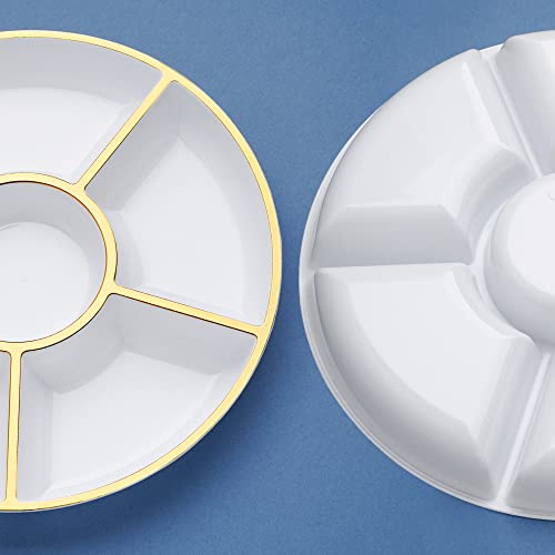 STACKABLES ~ 4 Pack 12'' White 6 Compartment Tray Platters with Gold Rim ~ Plastic Sectional Trays ~ Reusable Multi-Use Serving Platters ~ Appetizer Platter for Parties