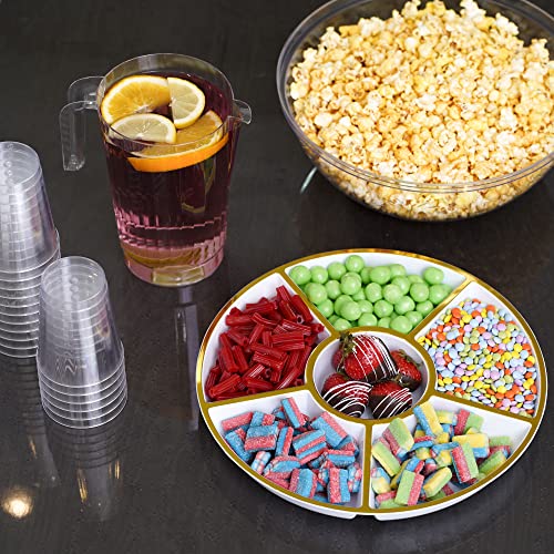 STACKABLES ~ 4 Pack 12'' White 6 Compartment Tray Platters with Gold Rim ~ Plastic Sectional Trays ~ Reusable Multi-Use Serving Platters ~ Appetizer Platter for Parties