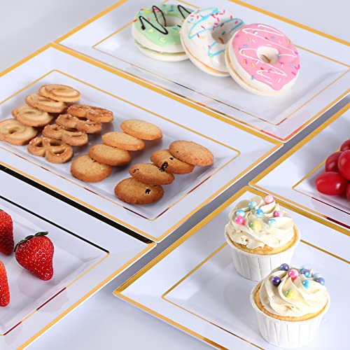 Elegant Plastic Serving Tray & Platter Set (6pk) - White & Gold Rim Hard Reusable Food Tray for Weddings, Parties, Cupcake display - 8x13 inches
