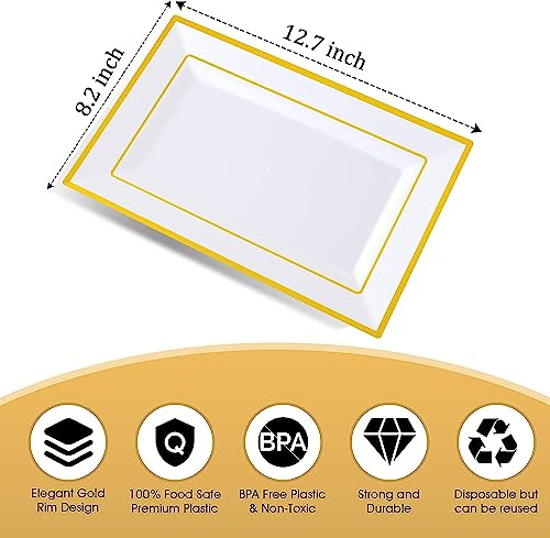 Elegant Plastic Serving Tray & Platter Set (6pk) - White & Gold Rim Hard Reusable Food Tray for Weddings, Parties, Cupcake display - 8x13 inches