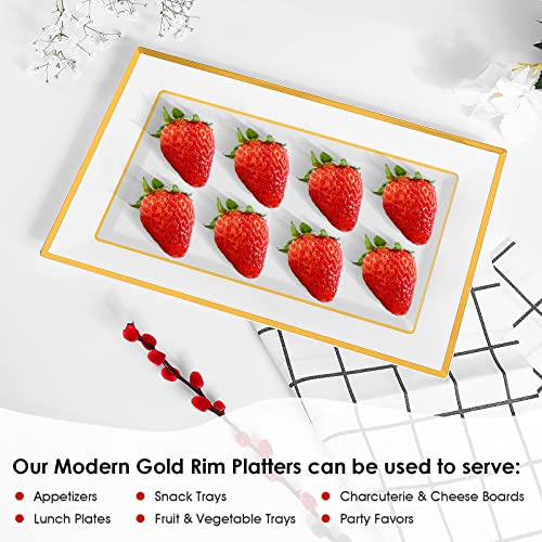 Elegant Plastic Serving Tray & Platter Set (6pk) - White & Gold Rim Hard Reusable Food Tray for Weddings, Parties, Cupcake display - 8x13 inches
