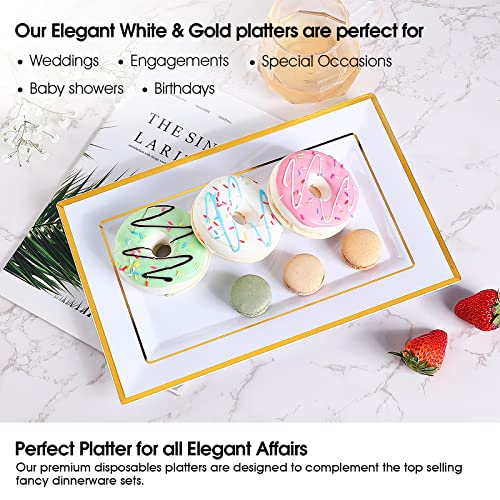 Elegant Plastic Serving Tray & Platter Set (6pk) - White & Gold Rim Hard Reusable Food Tray for Weddings, Parties, Cupcake display - 8x13 inches