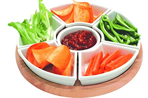 apollo THE HOUSEWARES BRAND Rotating Lazy Susan Dip Set - Hevea Wood with 6 Ceramic Dishes - Size 35cm - Light Brown / White Ceramic Dishes