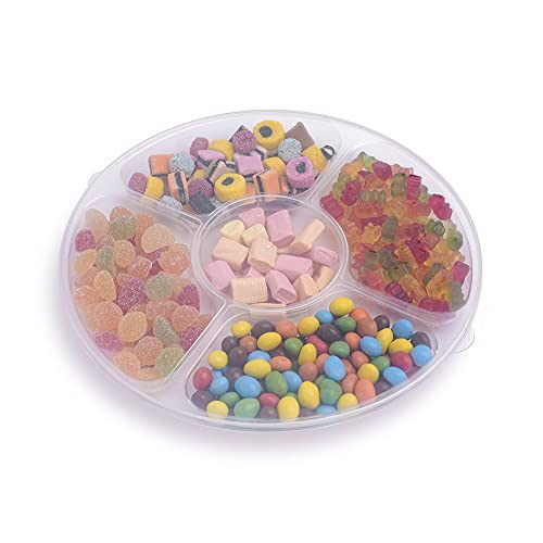 STACKABLES Pack of 3 Plastic Compartment Trays with Flat Lids - Reusable Serving Platters for Parties - Compartment Appetizer Platter - 5 Sections - Clear - 12" (30cm)