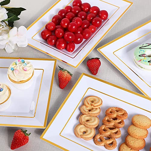 Elegant Plastic Serving Tray & Platter Set (6pk) - White & Gold Rim Hard Reusable Food Tray for Weddings, Parties, Cupcake display - 8x13 inches