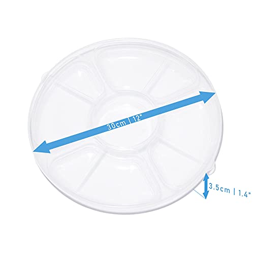 STACKABLES Pack of 3 Plastic Compartment Trays with Flat Lids - Reusable Serving Platters for Parties - Compartment Appetizer Platter - 5 Sections - Clear - 12" (30cm)