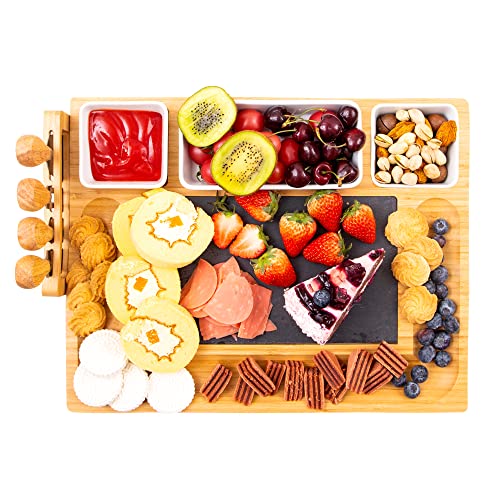 Bamboo Cheese Board Knife Set,Large Charcuterie Platter and Serving Meat Board with Slate Stone and Ceramic Bowls, Wooden Serving Platter, Unique Gifts for Christmas Wedding Birthday Anniversary